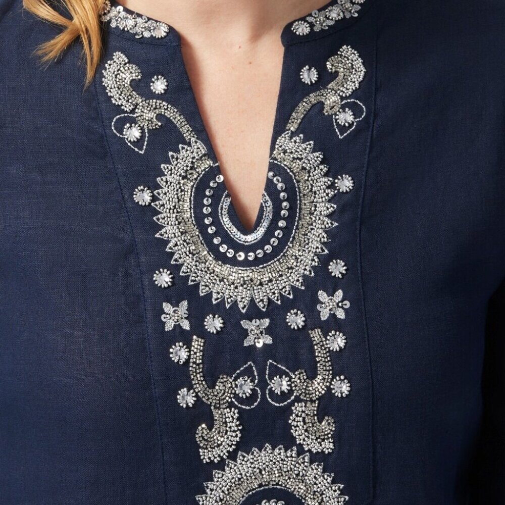 Chico's Linen Embellished Navy Tunic Dress Sz 2.0 (US 12) - Picture 2 of 3